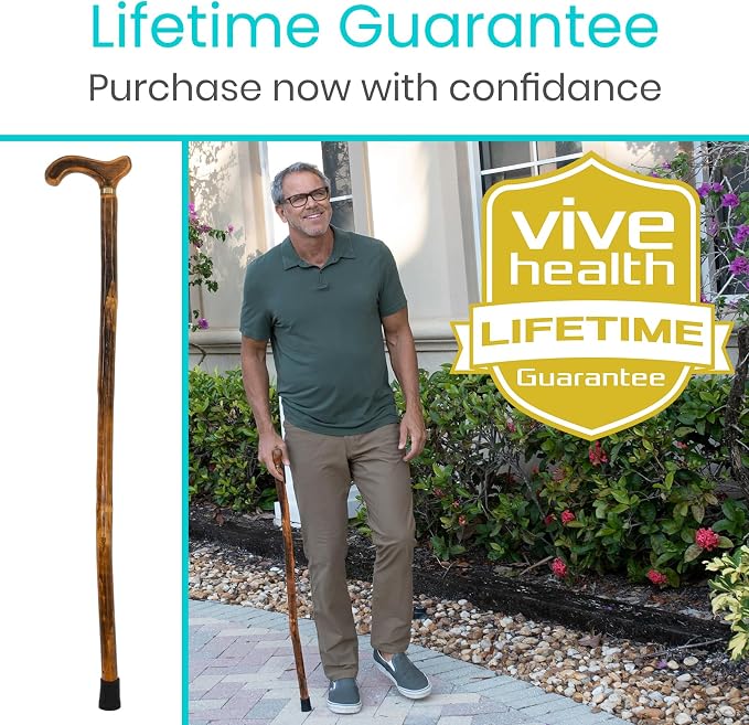 Vive Wooden Walking Stick Cane - for Men, Women, & Seniors - 36 Inch Single Point Rubber Tip with Willow Handle - Ergonomic Grip for Balance & Stability - Lightweight Elderly Assistance Product