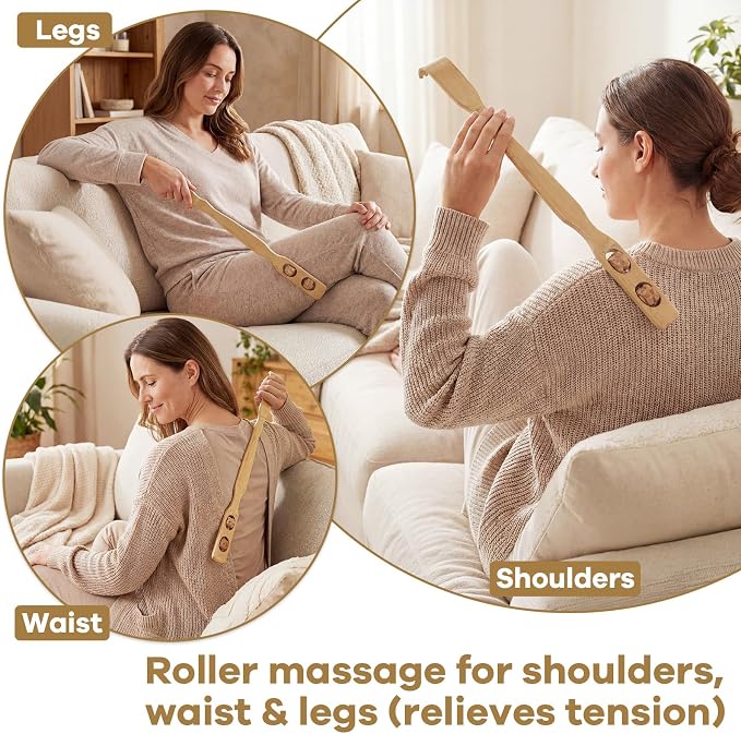 Gisafai 24 Pack Bamboo Back Scratcher Bulk with Massage Rollers 17.7 Inch Long Handle Wooden Back Scratcher for Itching Relief and Body Massage for Adults Men Women Nursing Gifts