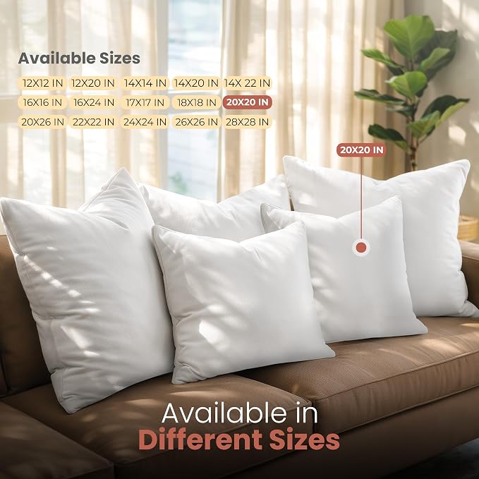 Utopia Bedding 20x20 Pillow Inserts, White Throw Pillows for Couch, 2 Pack | Indoor cushion inserts for bed, sofa & couch, Supportive & fluffy decorative pillows for everyday comfort, Set of 2, White