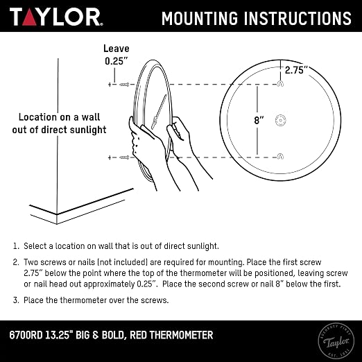 Taylor Big and Bold Wall Dial Thermometer, Indoor Outdoor Thermometer, Wireless Thermometer with Easy to Read Numbers for Patio, Pool, Garage and Indoor Areas, 13.25-inch, Red