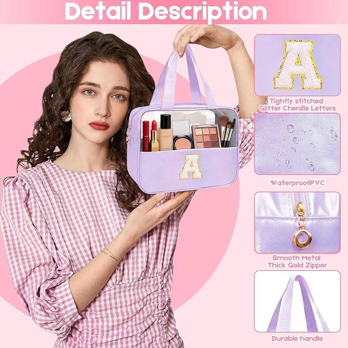 Personalized Initial A Clear Purple Makeup Bag - Large Travel Toiletry Bag, Cute Cosmetic Organizer Set for Girlfriend, Teacher, Teen Girl Gifts