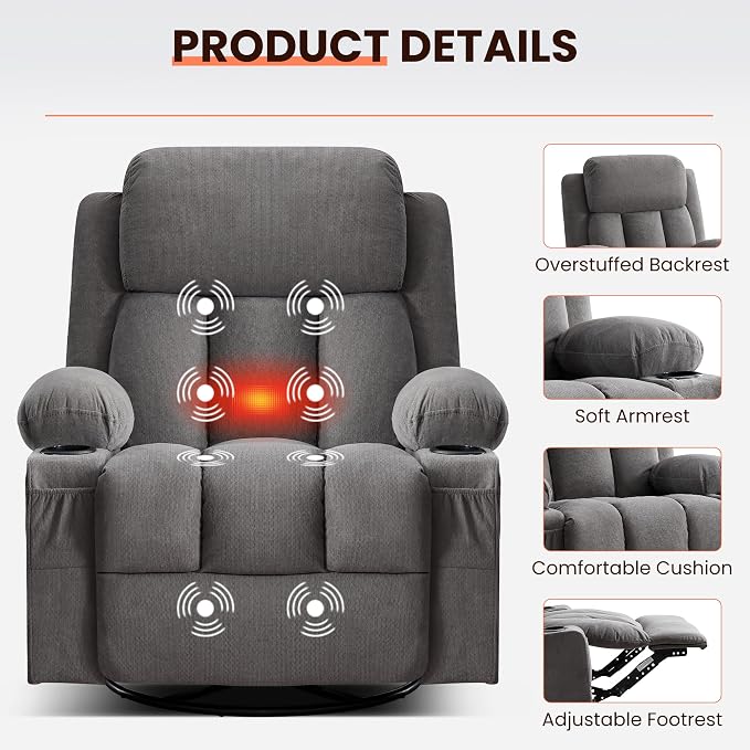 MAHOMICO Swivel Rocker Recliner Chair with Vibration Massage and Heat for Living Room,with Rocking Function and Side Pocket, USB Charge Port,2 Cup Holders