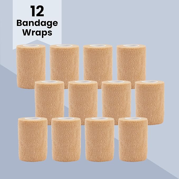 12-Rolls Self Adherent Bandage Wrap, Vet Tape - 3 in x 5 Yds Breathable, Elastic Cohesive Wrap Tape for Wrist, Swelling, Sports, Tattoo (Tan) (Pack of 2)