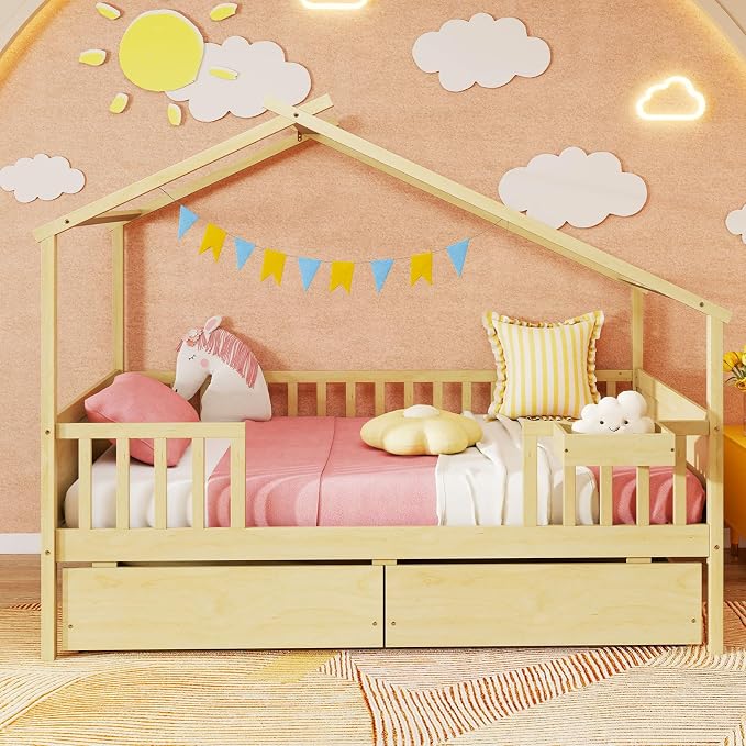Giantex Twin House Bed with Drawers, Wooden Twin Bed Frame with Cube Storage & Fence Rails, Montessori Beds for Kids Boys, Girls, Bedroom, Living Room, No Box Spring Needed, Natural