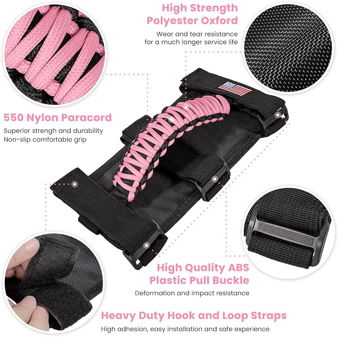 4 x Roll Bar Grab Handles Grip Handle for Jeep Wrangler JK JKU JL JLU TJ YJ Sport Sahara Freedom Rubicon Unlimited Gladiator JT 1955-2023 UTV ATV Premium Paracord Interior Accessories US Flag (Pink)