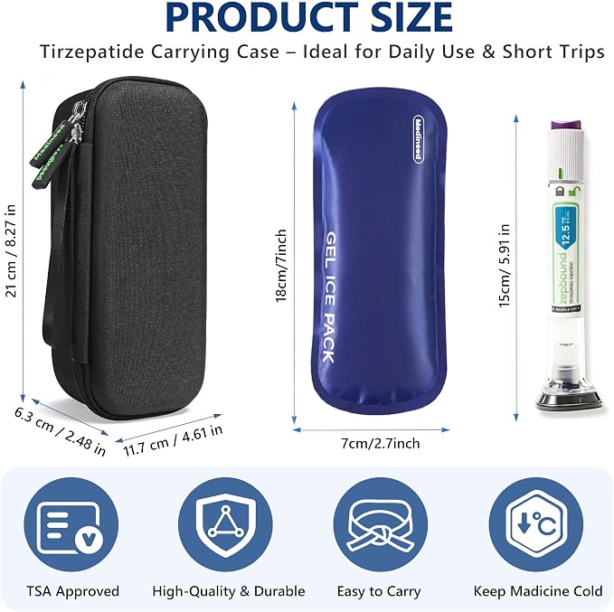 Portable Insulated Cooler Travel Case Fits 1 Zepbound Injector Pens, Tirzepatide Travel Case TSA Approved with 1PCS Reusable Ice Packs, EVA Medicine Organizer for Daily Use (Black,Small)