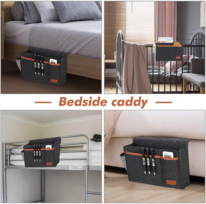 Bedside Caddy, Bed Storage Organizer for Remote Controller, Books, Magzine, Laptop Holder, 12.4'' x 8.6'' inch Bedside Hanging Felt Storage Bag for Dorm Bed with 5 Pockets, Dark Gray