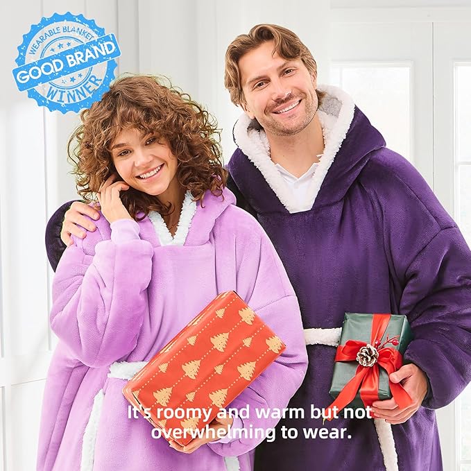JOYWOO Purple Wearable Blanket Hoodie,Oversized Cat Lovers Sweatshirt Blanket for Adult & Teens, Birthday Gifts for Women Men Mom Girl Boys,Cozy Fuzzy Sherpa Blanket Giant Pocket Gifts,Purple Small
