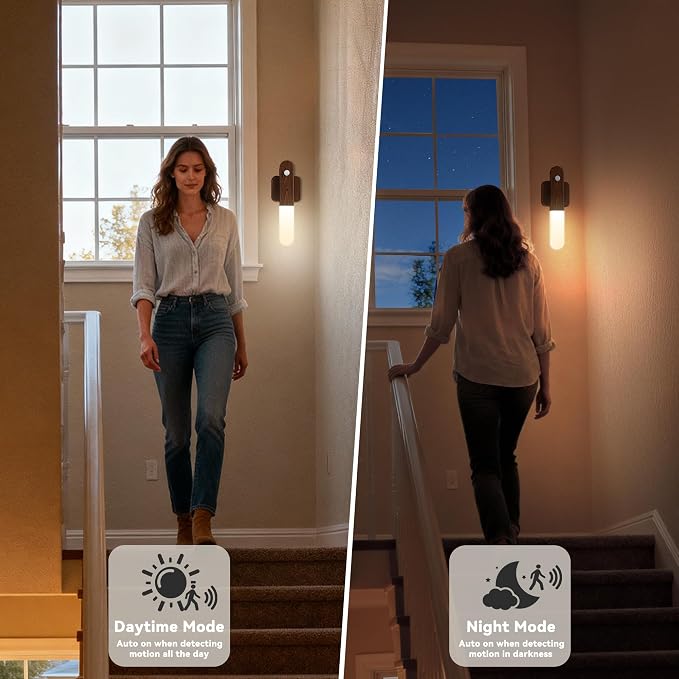 Battery Operated Motion Sensor Wall Sconces Set of 3, Motion Sensor Wall Light Wireless, Magnet Rechargeable LED Lights, Stairs Lights, Decor for Bedroom, Hallway, Living Room, Closet (Walnut Wood)