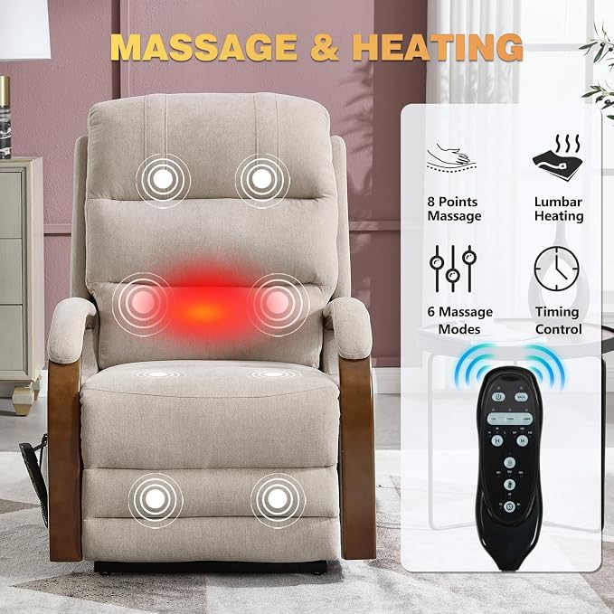 Trustyue Power Lift Recliner Chair, 180° Lay Flat Recliner, Lift Chair with Massage and Heat, Standing Assistance, Infinite Position Reclining, Living Room Chair for Elderly People(Fabric Beige1)