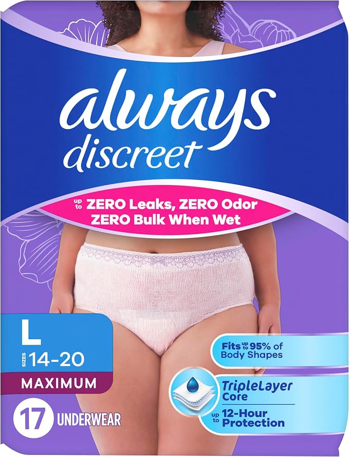 Always Discreet Adult Diapers for Women, Incontinence Underwear, Postpartum Essentials, Disposable Briefs, Max Absorbency, Bladder Leak Protection, Large, 17ct