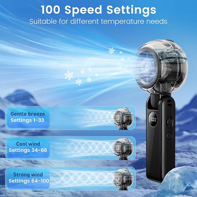 Portable Handheld Misting Fan, Personal Fan that Blow Cold Airflow | USB Rechargeable, LED Display, 100 Speeds, 155° Foldable, Small Neck Fan for Outdoor Travel, Sports Events, Gifts for Men