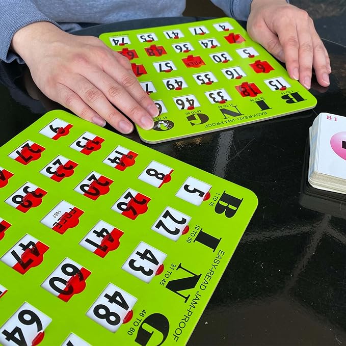 MR CHIPS Complete Bingo Game Set with Jam-Proof Shutter Cards – Easy Read Green Edition – 50 Reusable Large Print Bingo Cards with Sliding Windows, Master Board & Calling Cards – No Chips Needed