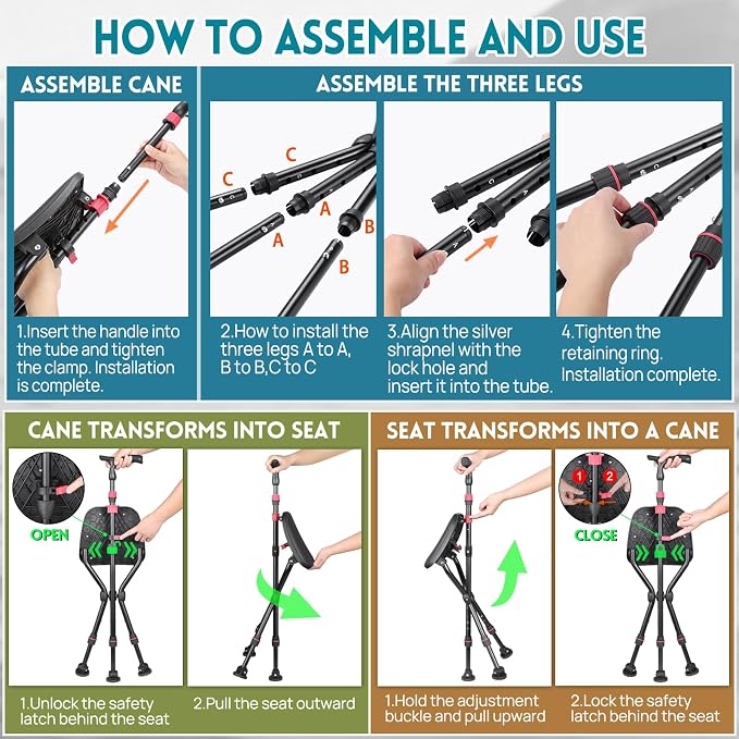 300-Pound Capacity Folding Cane with Seat, Adjustable Seat & Cane Height, Portable, Non-Slip Pads, Suitable for Middle-Aged & Senior Users, Daily Walking, Waiting in Line & Travel