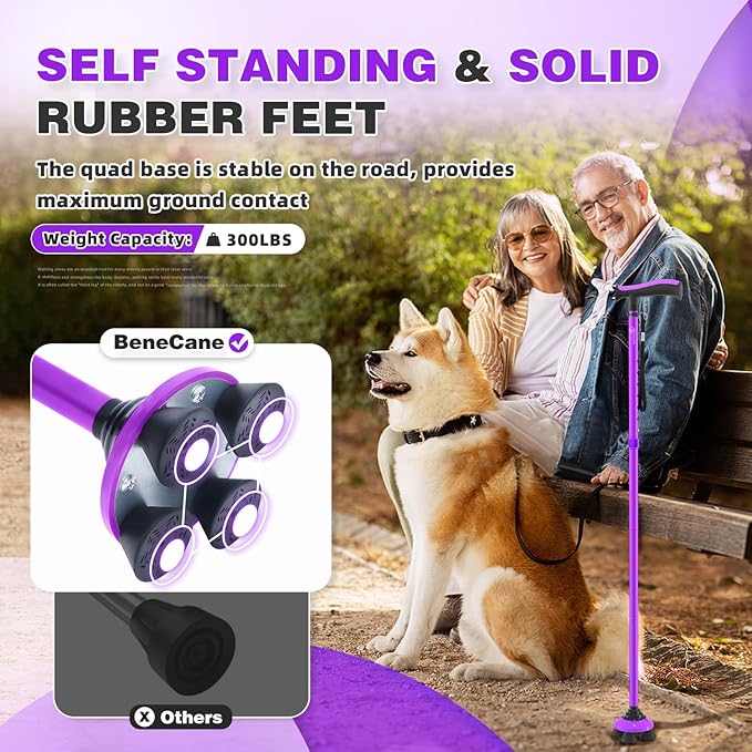 BeneCane Walking Cane for Men & Women Walking Stick for Seniors Folding Canes Quad Cane Adjustable Lightweight Sturdy Collapsible Heavy Duty with Soft TPR T-Handle and Travel Bag