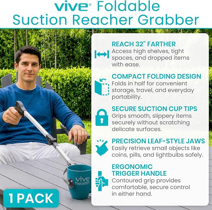 Vive Foldable Suction Reacher Grabber Tool for Elderly (1) - 32 Inches Long Reach Grabber Claw - Pick Up Grab Tool - Reachers for Disabled & Seniors Heavy Duty - Trash, Garbage, Cups Picker Assist | Reach Grabber Claw - Pick Up Grab Tool - Reachers for...