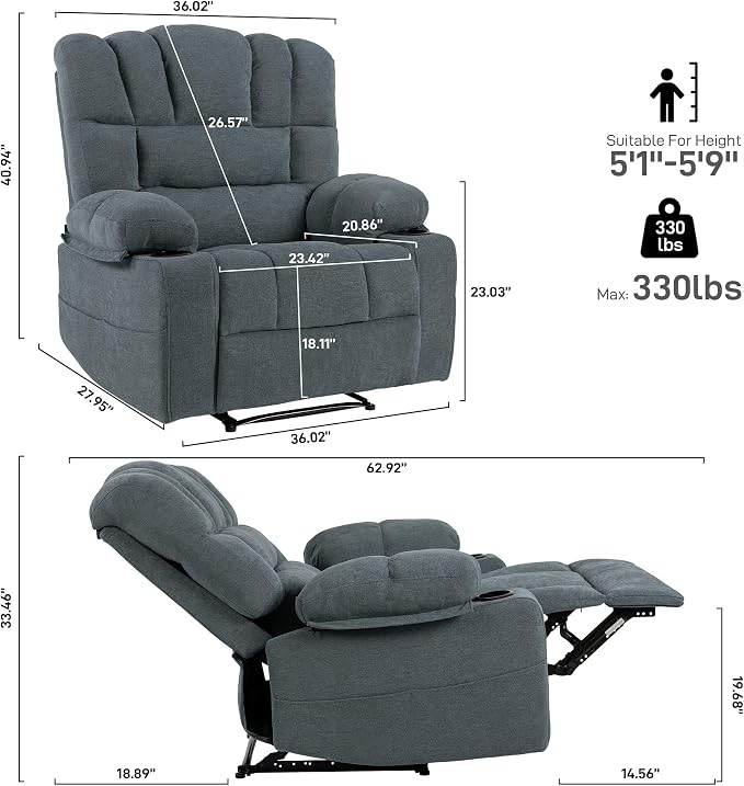 Massage Chair Recliner with Heat&Lazy Boy Recliner Chair for Adults,Manual Recliner Chair with Cup Holder,Oversized,Adjustable Backrest,Footrest,2 Pockets,Heavy Duty(Grey)