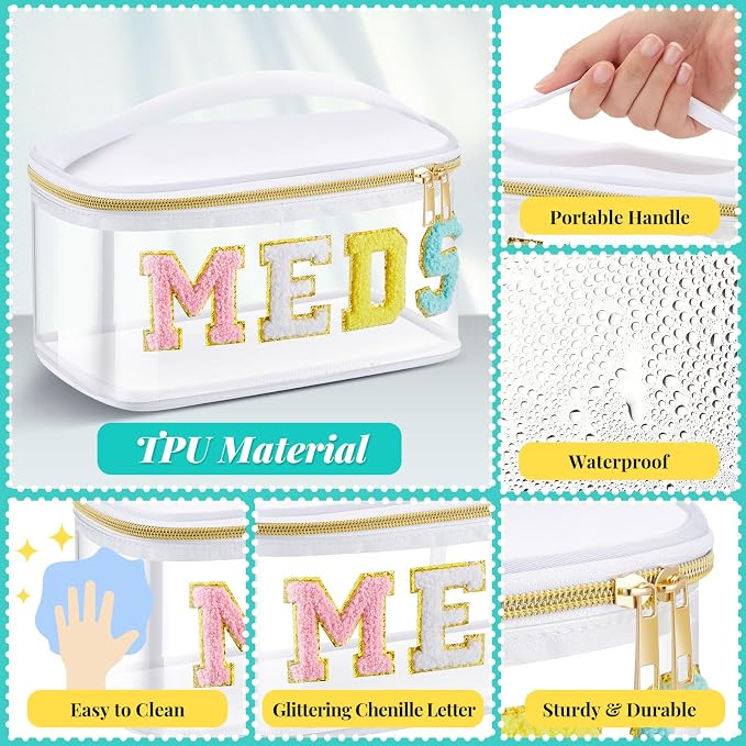 Geetery Chenille Letter Bag, Meds Bag, Travel Medicine Cases, Nylon White Makeup Portable Pouch, Cheerleader Gifts for Women(White, Meds)
