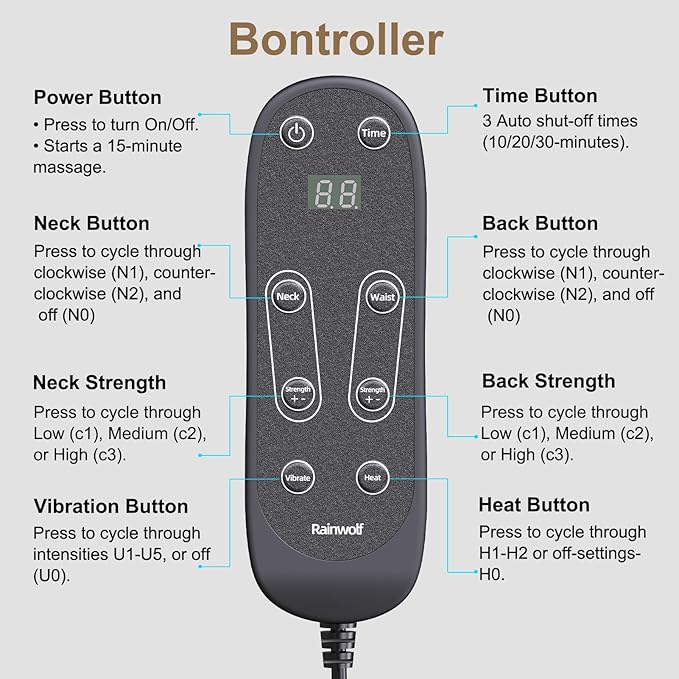 Rainwolf Shiatsu Neck and Back Massage Cushion with Heat - 4D Deep Tissue Kneading Full-Back Massager for Relief Tension, Adjustable Intensity & Height, for Office Chair & Home