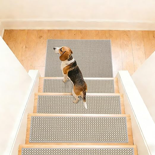 DEXDE Stair Treads for Wooden Steps 7-Pack Non-Slip Indoor, 9" x 30" Grey | Chenille & Linen Blend Carpet Stair Runners Backing, Soft Self-Adhesive Washable Stairway Step Covers for Kids Elders Dogs