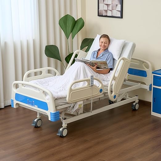 Hospital Bed Electric 5 Function with Trendelenburg & Reverse Trendelenburg, 5" Lockable Casters for Home Hospital Use, 530LBS Loading, with IV Pole, Mattress, Includes Sheets (2X)