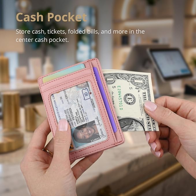 Buffway Slim Minimalist Front Pocket RFID Blocking Leather Wallets for Men and Women - Lichee Pink