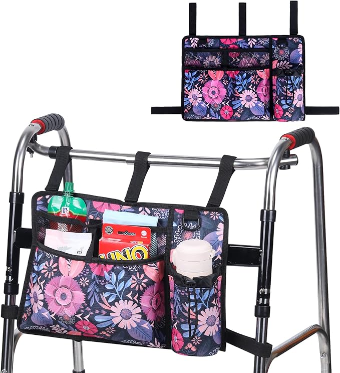 Walker Accessories for Folding Seniors Bag Walker Organizer Storage Pouch Cup Holder Carry with Pockets Detachable -red Flower