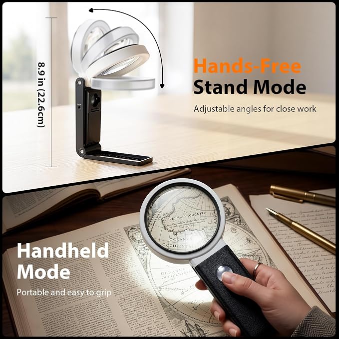 MoKo 10X 30X Magnifying Glass with Light and Stand for Close Work,Reading | Foldable Handheld Lighted Magnifier,32 LEDs 3 Modes,for Coins,Jewelry,Crafts,Seniors & Kids Gifts, Black
