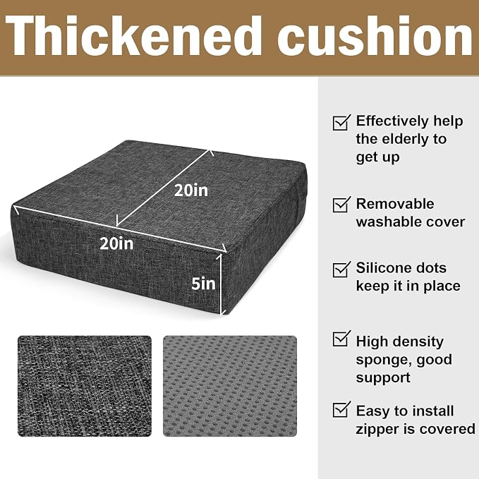 BUYUE Thickened Chair Lifting Cushion for Elderly 20" x 20" x 5", Original Woven Fabric High-Density Foam Recliner Chair Pad Couch Armchair Seat Cushion, Gray