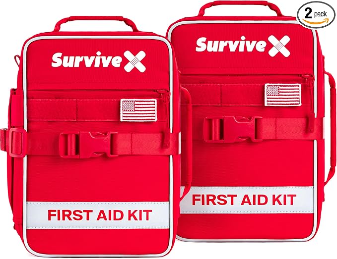 SurviveX Large First Aid Kit for Car, Travel & Home - Emergency Kit for Hiking, Camping, Backpacking and Outdoors - Includes Zip Stitch Wound Closure Strips (Pack of 2)