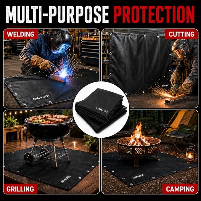 AMALOOT® Heavy Duty Welding Blanket 2-Pack – Silicone Coated Fiberglass Fireproof Blanket with Kevlar Stitching, 4ft x 6ft, Heat Resistant Welding Curtain & Protection for Welding, Grill & Smoker