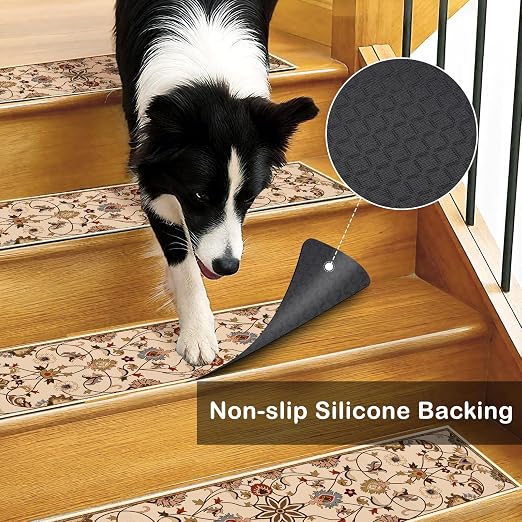 Vintage Stair Treads for Wooden Steps, 15 Pack Stair Runners Non Slip Indoor 8" X 30", Washable Carpet Rugs with Silicone Backing for Kids Elders and Dogs