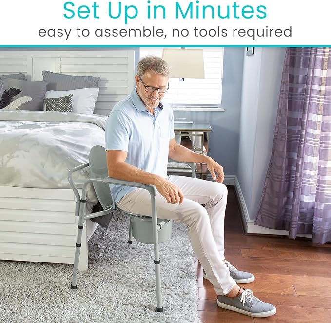 Vive Bariatric Bedside 3-in-1 Commode 500 lb Capacity - Portable Folding Toilet Chair - Adjustable Height, Extra Wide Seat - Bucket Splash Guard Heavy Duty Adult Bathroom, Pail Fits Standard Liner Bag