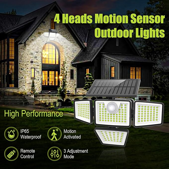 daphino 3000LM Solar Lights, Motion Sensor Outdoor Lights, 4-Head, 2 Pack | 270° Wide-Angle Street & Area Coverage, IP65 Waterproof Security Lighting, 3 Lighting Modes, Remote Control