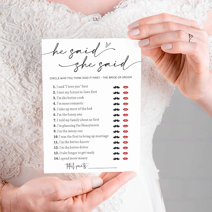 Wedding Shower Games Cards, Guest Who Said It, He Said She Said Game Cards, Bridal Shower Games 25 Guests, Engagement Party Wedding Games for Guests, Minimalist White Wedding Party Supplies - A07
