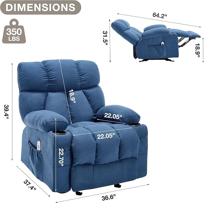 Massage Rocker Recliner Chair with Heat and Vibration Ergonomic Rocking Lounge Chair for Living Room Comfy Overstuffed Recliner with 4 Side Pockets, 2 Cup Holders, Blue