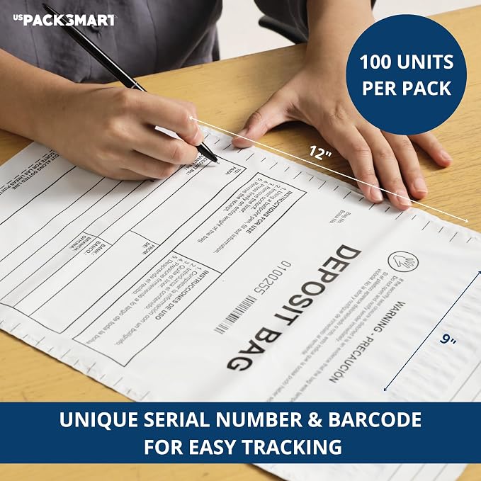 Opaque Plastic Deposit Bags 9"x12" | Secure Bank Deposits, Cash Handling or Safe Currency Transportation | Sequential Barcodes | Tamper-Evident | Tear-Off Receipt for Security | 100-Pack