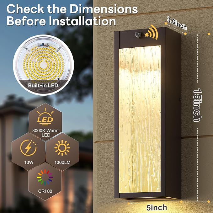 2 Pack LED Outdoor Wall Light 15in Dusk to Dawn Bronze Porch Light | Oil-Rubbed Exterior Lantern, Modern Water Rippleed Sconces, Waterproof Lighting Fixtures, Outside Lamp for Front Door