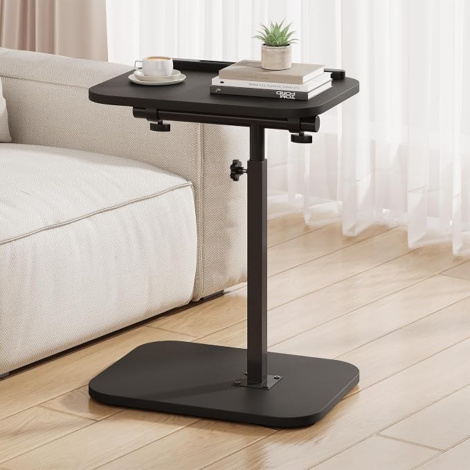 TV Tray Table, Sofa Side Armrest Tray, C Shaped End Table | Adjustable Height, Flip-Top, Snack Side Table with 360° Swivel and 180° Tilt, for Couch, Small Spaces, Bed, Chair, Black
