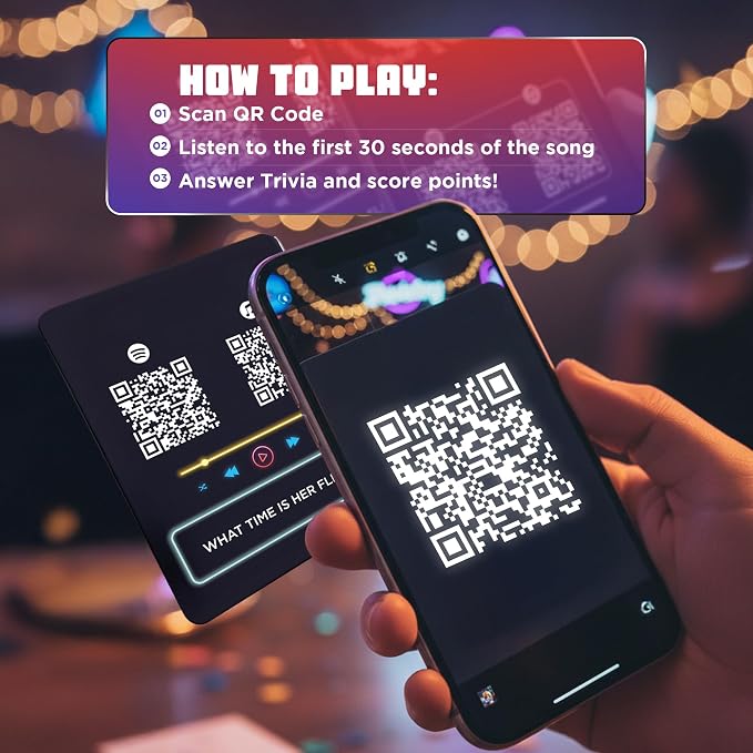 Q The Music – Music Lyric Party Trivia Quiz Card Game for Adult and Family Game Nights, 2-10 Players, Scan, Listen to Iconic Hits, and Answer Trivia – Adult Games for Parties