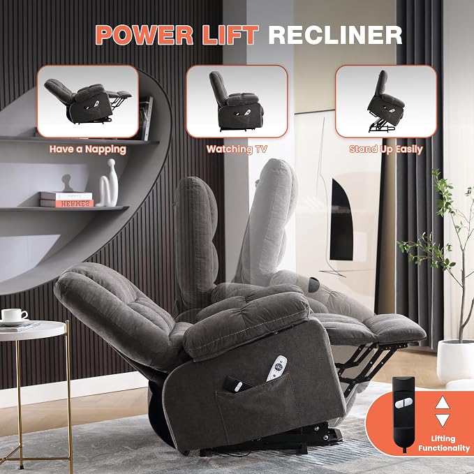 MAHOMICO Power Lift Recliner Chair for Elderly with Vibration Massage and Lumbar Heating,Electric Lift Recliner Single Sofa with Side Pocket,USB Charge Port for Living Room