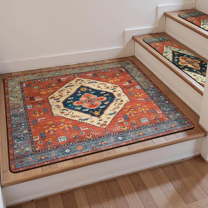 OJIA Stair Treads Non-Slip Matching Mat for Wooden Steps 31"x31" Stair Rugs | Square Capet Stair Treads Rubber Backing Stair Runner Anti-Slip Stair Landing Mat Stair Mats Carpet for Stairs
