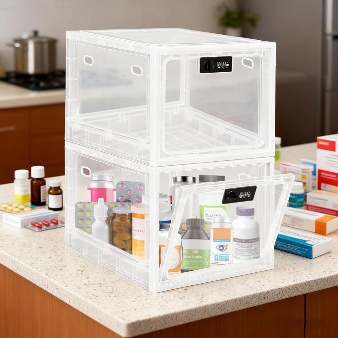 Gemaxvoled 2 Pack Medicine Lock Box, Large Capacity Premium Material Lockable Storage Bin Organizer Box with Combination Code for Safe Medication/Fridge Food/Snacks/Phone/Tablet Jail(White)