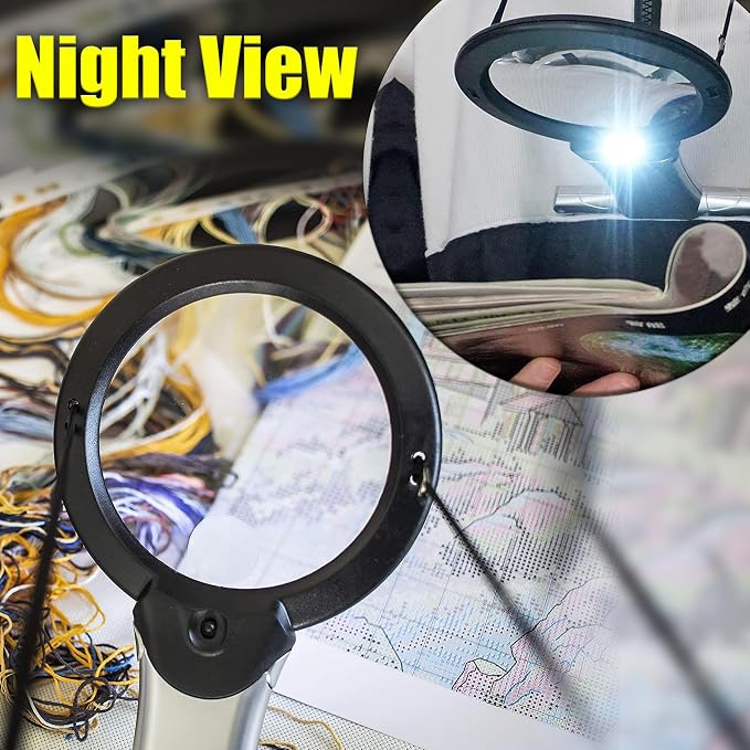 Hands Free Magnifying Glass for Close Work with Light 2X Lens & 6X Spot Magnifier, Neck Hanging LED Magnifier for Seniors, Coins, Cross Stitch, Sewing, Embroidery, Reading, Needlepoint, Hobbies