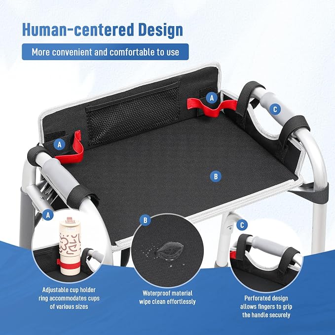 JFMkaer Walker Tray with Cup Holder – Folding Walker with Pockets & Non Slip Mat for Food,Mobility Trays Fits Most Standard Folding Walkers,Walker Accessories for Elderly