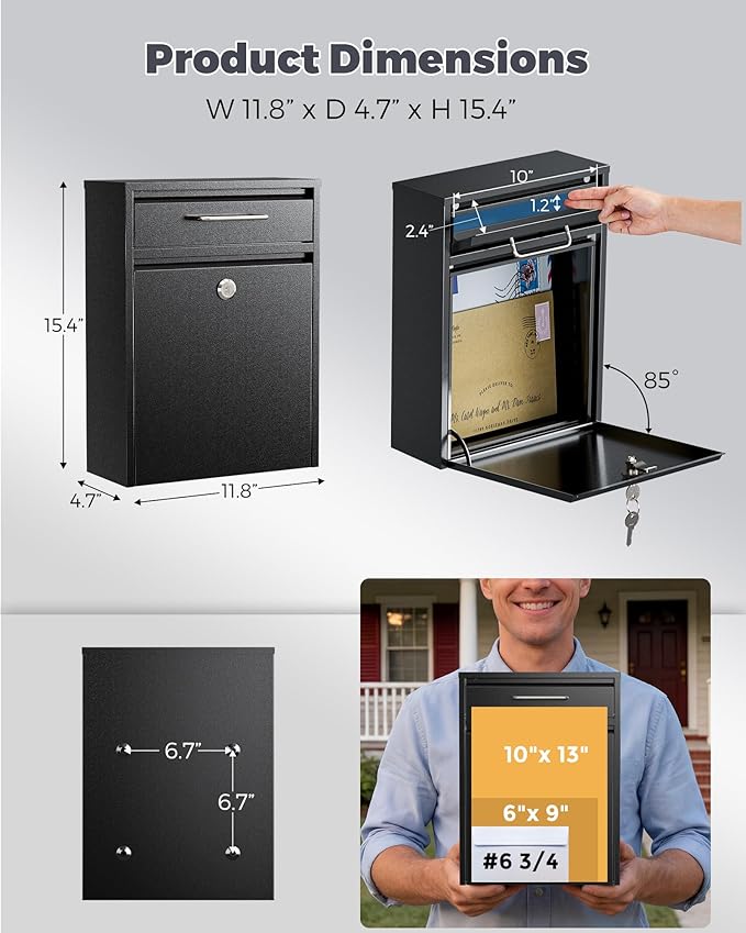 LAND·VOI Large Capacity Mailbox for Outside, Heavy Duty Rustproof, Locking Mailbox, 4 Replaceable Keys, Weatherproof Wall Mounted Mailbox for Residential & Apartment, 15.4"×11.8"×4.7", Black, Large