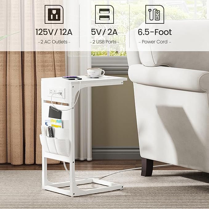 TUTOTAK C Shaped End Table with Charging Station, Side Table for Sofa | Couch Table with Storage Bag, TV Tray with 2 USB Ports and Outlets, Set of 2, Living Room and Bedroom, White TB01BW0242