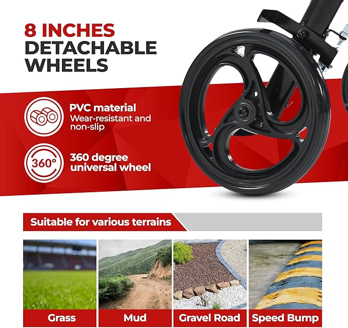 Metro Mobility 2 in 1 Rollator Walker & Transport Wheelchair, Foldable Lightweight Rollator Walker with Seat, 8" Big Wheels for All Terrain, 300 lb. Weight Capacity, Red