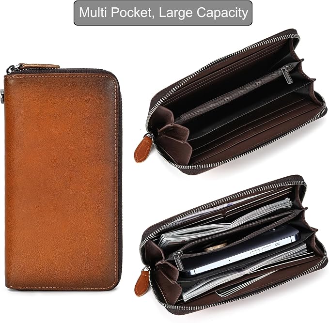 Genuine Leather Long Wallet for Men, Large Capacity Purse Clutch Bag Handbag Checkbook Cash Credit Cards Phone Holder | Large Capacity