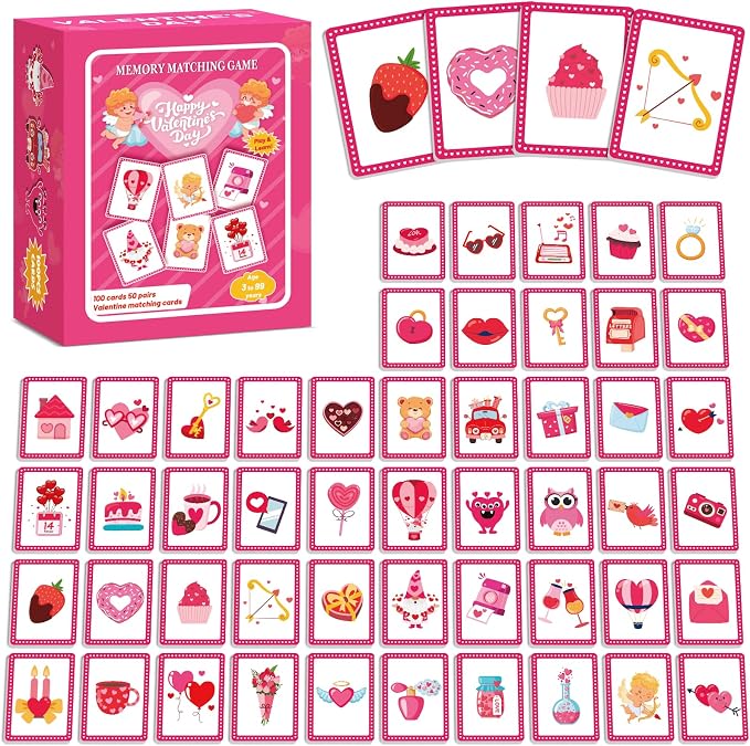 gisgfim 100 PCS Memory Matching Game Valentine's Day Concentration Memory Games Card Educational Game for Kids Educational Ages 3-8 A Fun & Fast Heart Gnome Matching Games